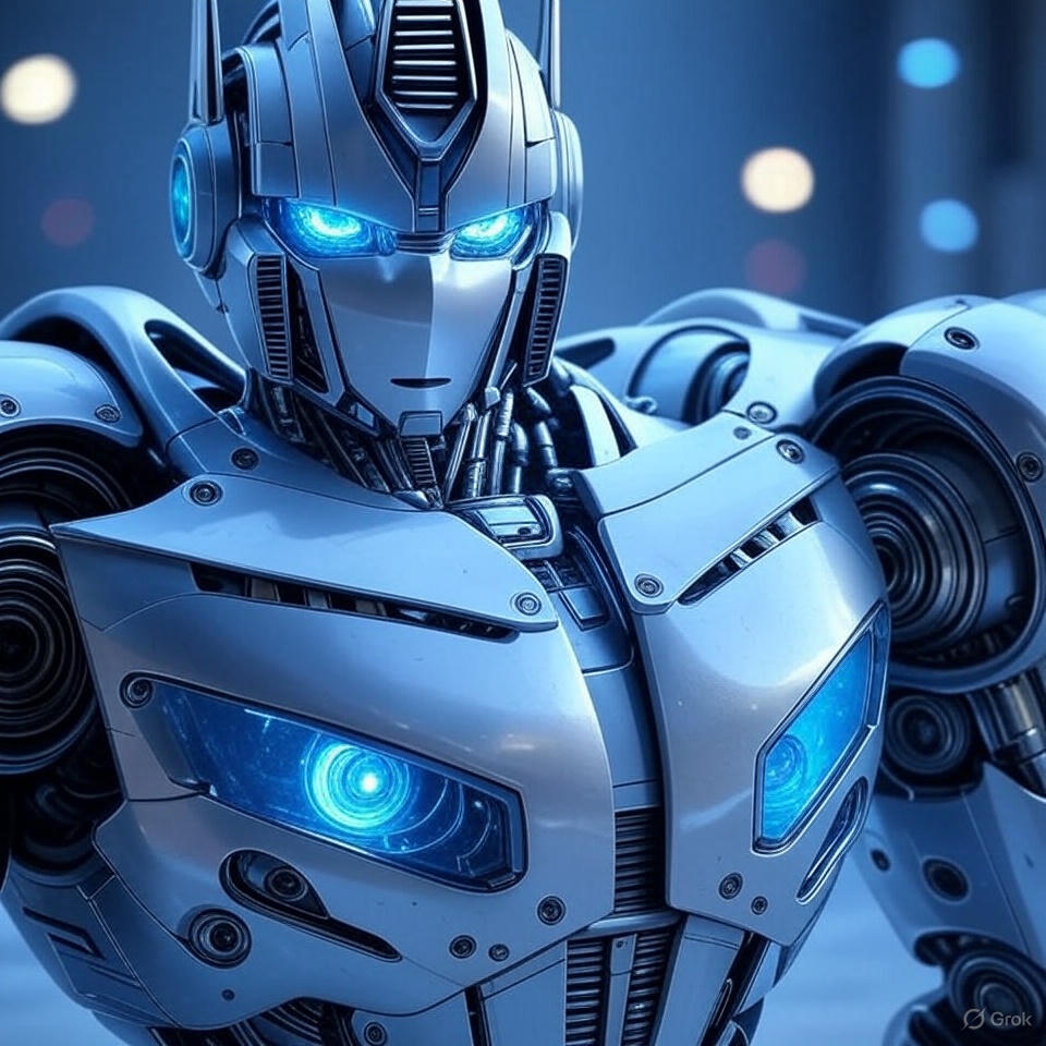 futuristic robot with glowing blue arms and sleek silver body
