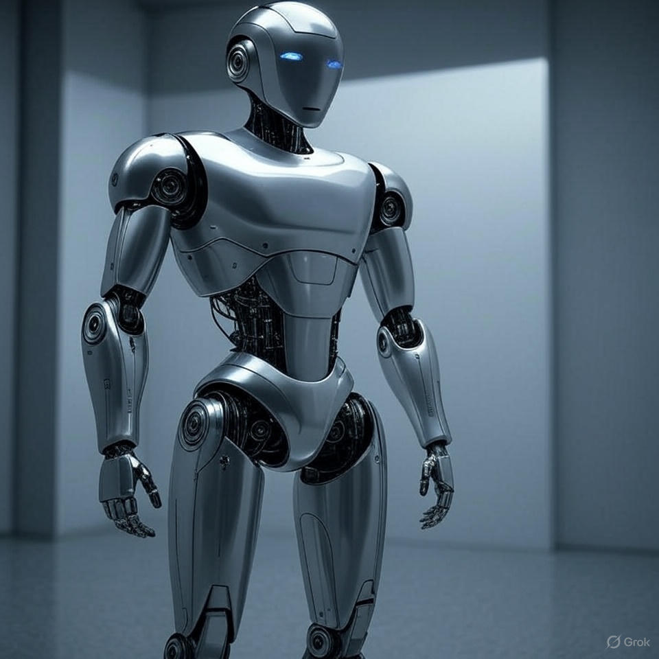 futuristic humanoid robot with glowing blue eyes and intricate silver mechanics